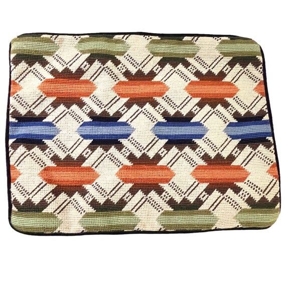Cross-stitch Accent Pillow Cover orange, navy, cream with velvet navy back - Picture 1 of 5